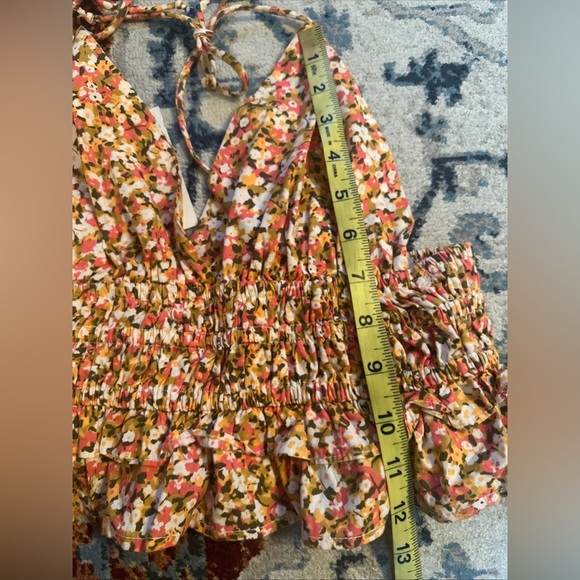 NWT Sim & Sam Pink Orange Brown Floral Smocked Ruffled Cami Spaghetti Strap Sz S - Picture 2 of 9